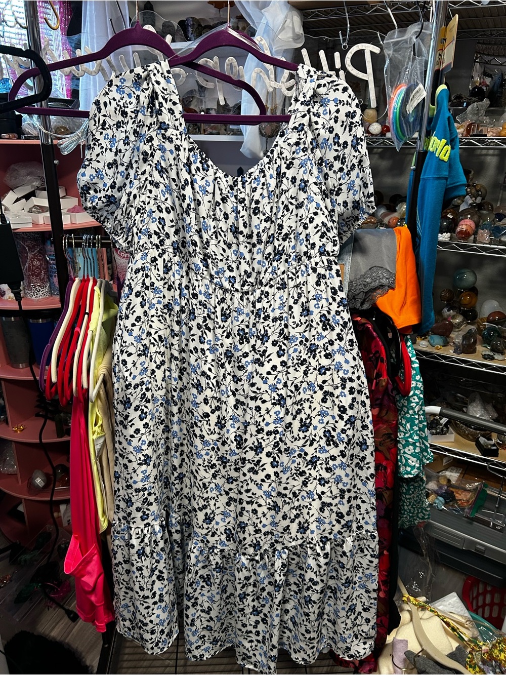 Ces Femme White Midi Dress with Blue and Black Floral Print